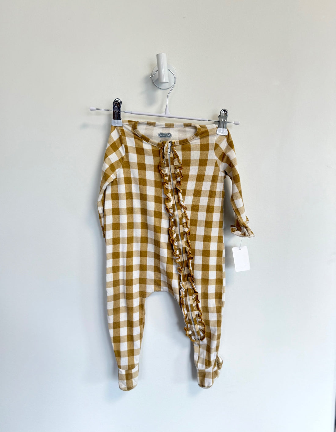 Mudpie Onesie 3-6 months Checkered tan/white